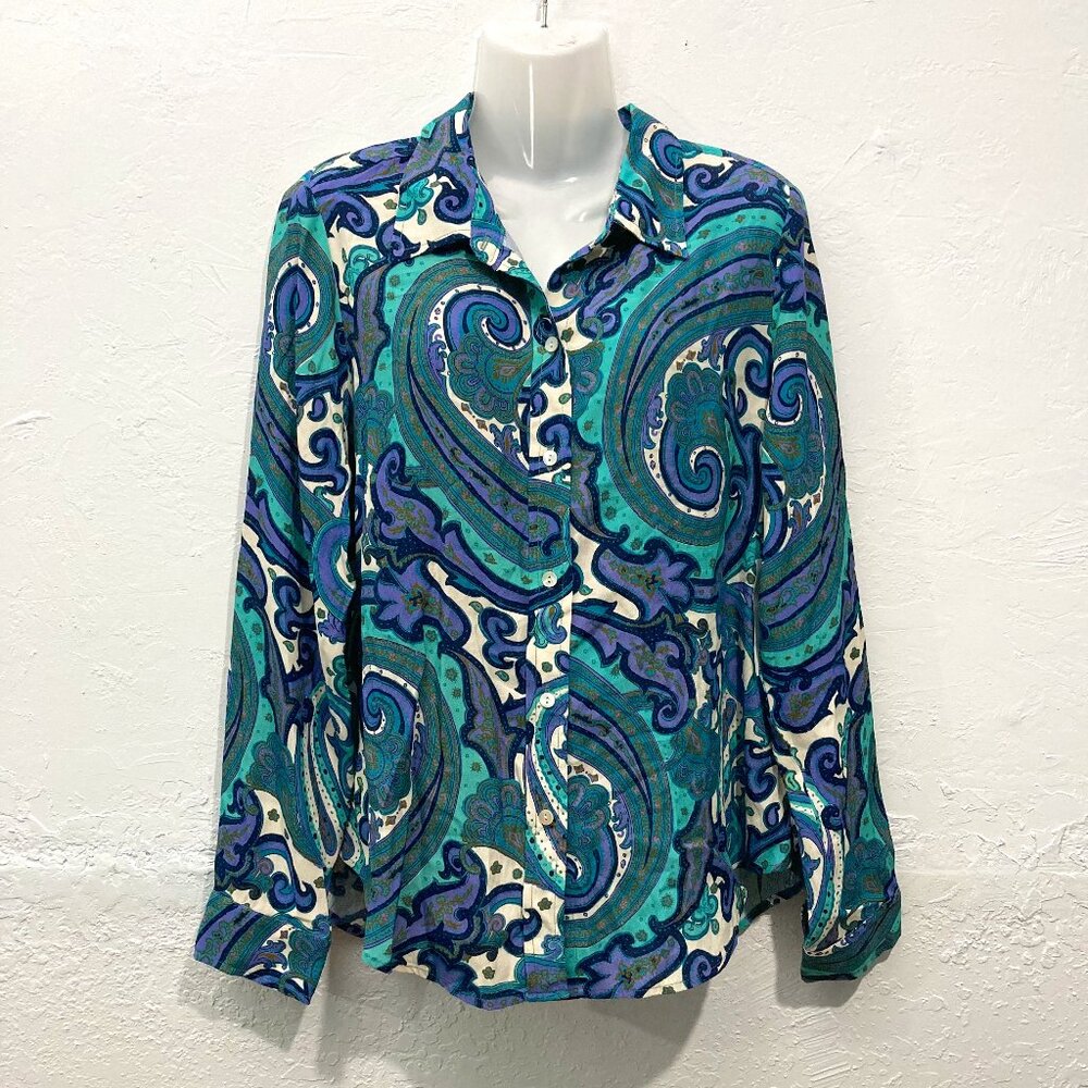 NWT Karen Kane Long Sleeve Button Up Tailored Shirt Paisley Blue Teal M
